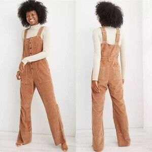 Aerie Corduroy Overalls Straight Leg Relaxed Fit Loose Women's Medium Tan Kakhi